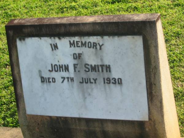 John F. SMITH,  | died 7 July 1930;  | Polson Cemetery, Hervey Bay  | 