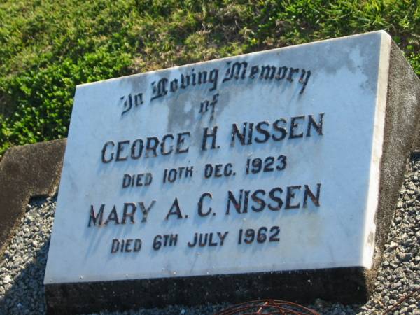 George H. NISSEN,  | died 10 Dec 1923;  | Mary A.C. NISSEN,  | died 6 July 1962;  | Polson Cemetery, Hervey Bay  | 