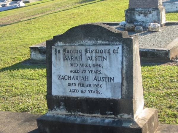 Sarah AUSTIN,  | died 1 Aug 1940 aged 72 years;  | Zachariah AUSTIN,  | died 28 Feb 1956 aged 87 years;  | Polson Cemetery, Hervey Bay  | 