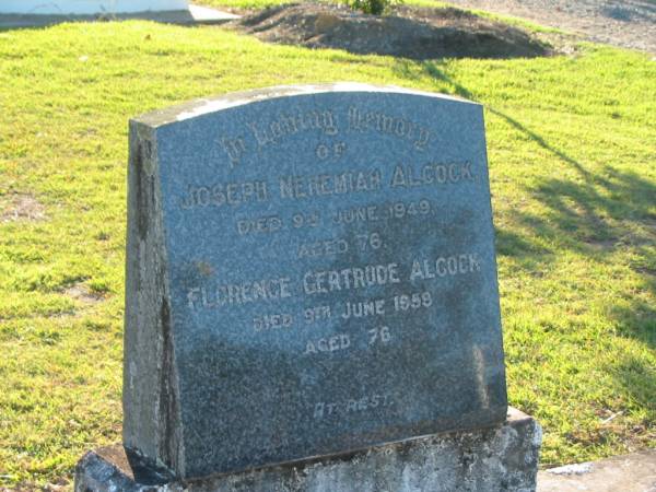 Joseph Nehemiah ALCOCK,  | died 8 June 1949 aged 76 years;  | Florence Gertrude ALCOCK,  | died 9 June 1959 aged 76 years;  | Polson Cemetery, Hervey Bay  | 