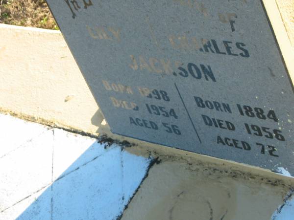 Lily JACKSON,  | born 1898,  | died 1954 aged 56 years;  | Charles JACKSON,  | born 1883,  | died 1956 aged 72 years;  | Polson Cemetery, Hervey Bay  | 
