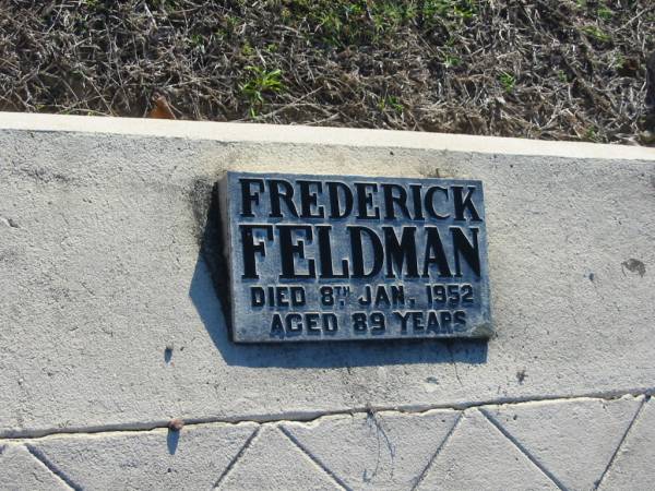 Frederick FELDMAN,  | died 8 Jan 1952 aged 89 years;  | Polson Cemetery, Hervey Bay  | 