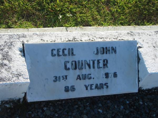 Cecil John COUNTER,  | died 31 Aug 1876 aged 86 years;  | Valerie COUNTER,  | wife mother,  | died 14 aug 1957 aged 67 years;  | Polson Cemetery, Hervey Bay  | 