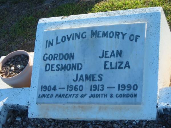 Gordon Desmond JAMES,  | 1904 - 1960;  | Jean Eliza JAMES,  | 1913 - 1990;  | parents of Judith & Gordon;  | Polson Cemetery, Hervey Bay  | 