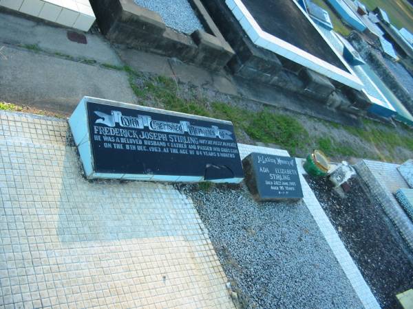 Frederick Joseph STIRLING,  | husband father,  | died 8 Dec 1963 aged 84 years 9 months;  | Ada Elizabeth STIRLING,  | died 28 June 1985 aged 95 years;  | Polson Cemetery, Hervey Bay  | 