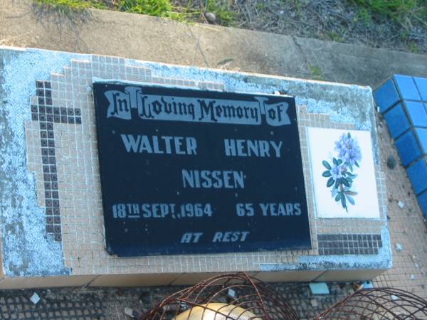Walter Henry NISSEN,  | died 18 Sept 1964 aged 65 years;  | Polson Cemetery, Hervey Bay  | 