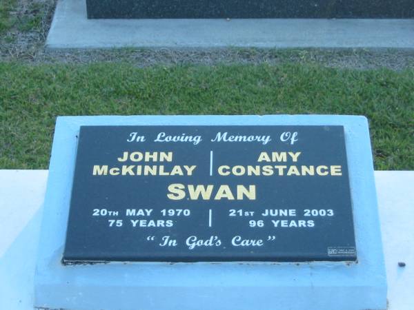 John McKinlay SWAN,  | died 20 May 1970 aged 75 years;  | Amy Constance SWAN,  | died 21 June 2003 aged 96 years;  | Polson Cemetery, Hervey Bay  | 