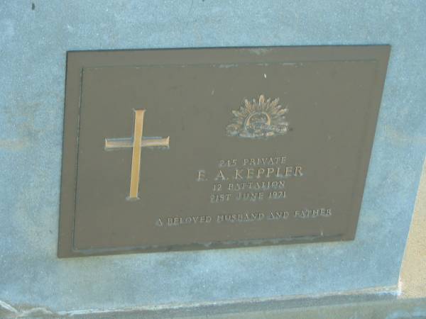 E.A. KEPPLER,  | died 21 June 1971,  | husband father;  | Polson Cemetery, Hervey Bay  | 