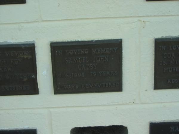 Samuel John CADBY,  | died 9-4-1998? aged 79 years;  | Polson Cemetery, Hervey Bay  | 