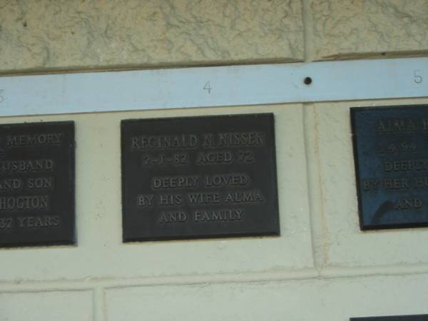 Reginald N. NISSEN,  | died 2-1-82 aged 72 years,  | wife Alma;  | Polson Cemetery, Hervey Bay  | 