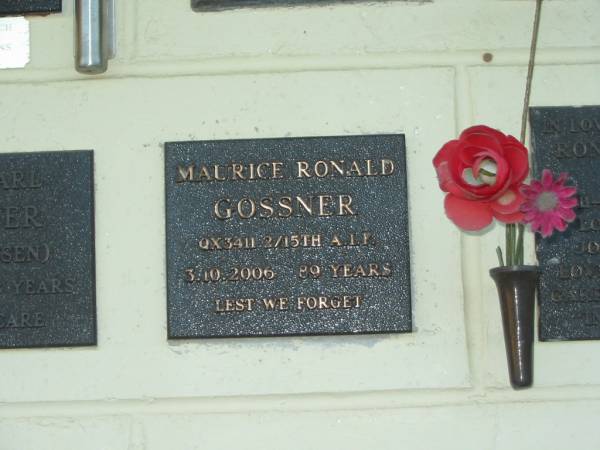 Maurice Ronald GOSSNER,  | died 3-10-2006 aged 89 years;  | Polson Cemetery, Hervey Bay  | 
