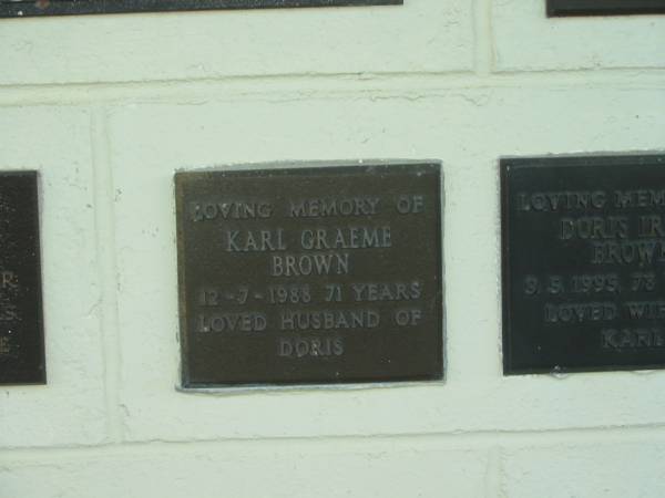 Karl Graeme BROWN,  | died 12-7-1988 aged 71 years,  | husband of Doris;  | Polson Cemetery, Hervey Bay  | 