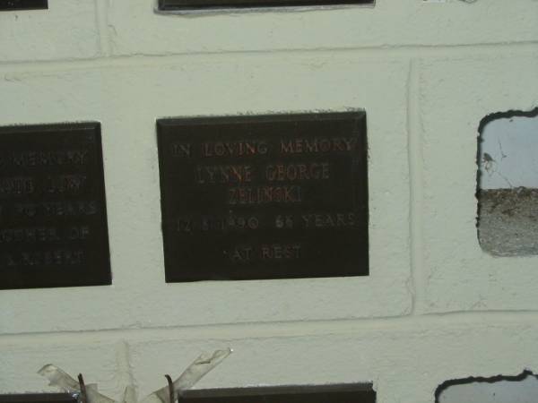 Lynne George ZELINSKI,  | died 12-8-1990 aged 66 years;  | Polson Cemetery, Hervey Bay  | 