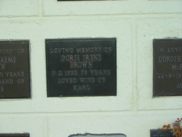 Doris Irene BROWN,  | died 9-5-1995 aged 78 years,  | wife of Karl;  | Polson Cemetery, Hervey Bay  | 