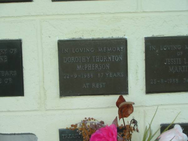 Dorothy Thornton MCPHERSON,  | died 22-9-1988 aged 87 years;  | Polson Cemetery, Hervey Bay  | 