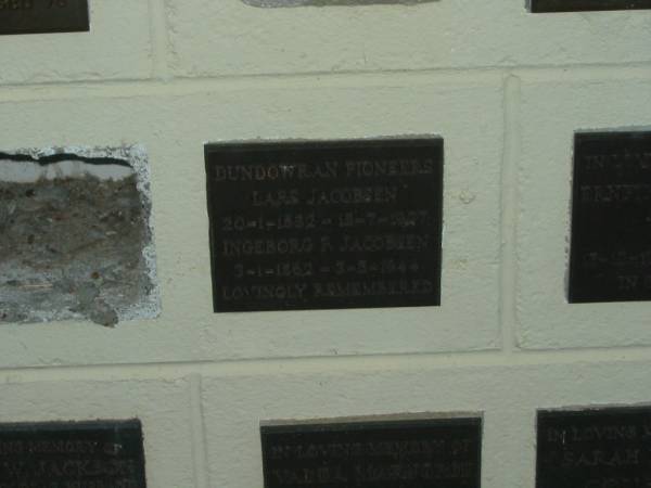 Lars JACOBSEN,  | 20-1-1852 - 15-7-1867?;  | Ingeborg P. JACOBSEN,  | 3-1-1862 - 3-8-1944;  | Dundowran pioneers;  | Polson Cemetery, Hervey Bay  | [[REDO]]  | 