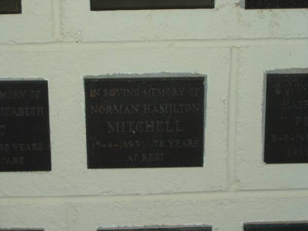 Norman Hamilton MITCHELL,  | died 15-4-1993 aged 78 years;  | Polson Cemetery, Hervey Bay  | 