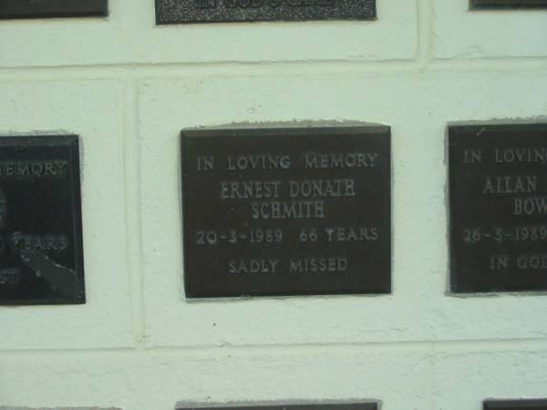 Ernest Donath SCHMITH,  | died 20-3-1989 aged 66 years;  | Polson Cemetery, Hervey Bay  | 