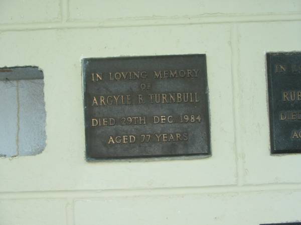 Argyle B. TURNBULL,  | died 29 Dec 1984 aged 77 years;  | Polson Cemetery, Hervey Bay  | 