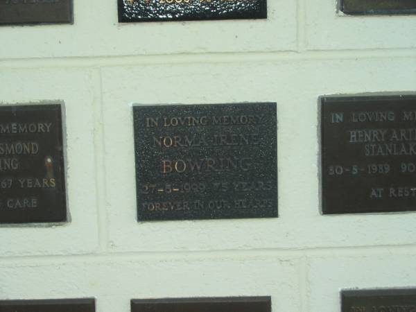 Norma Irene BOWRING,  | died 27-5-1999 aged 75 years;  | Polson Cemetery, Hervey Bay  | 