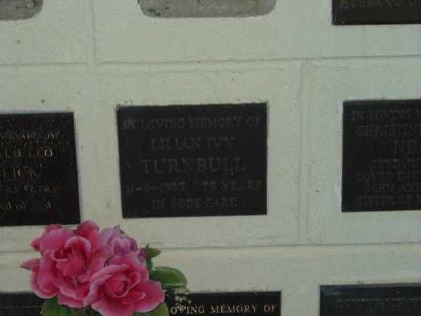 Lilian Ivy TURNBULL,  | died 11-6-1993 aged 75 years;  | Polson Cemetery, Hervey Bay  | 