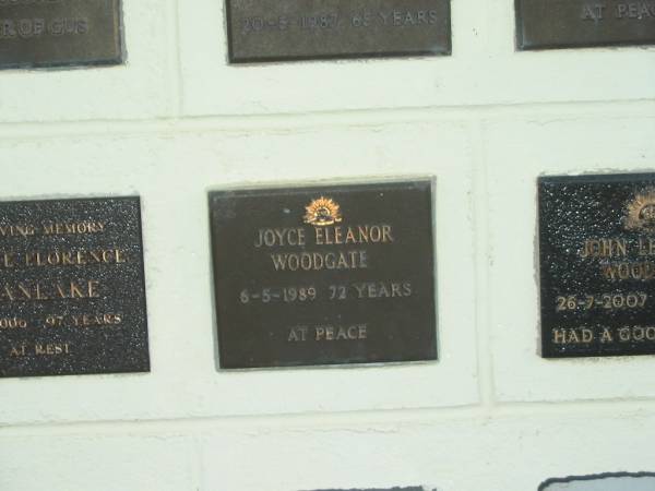 Joyce Eleanor WOODGATE,  | died 6-5-1989 aged 72 years;  | Polson Cemetery, Hervey Bay  | 