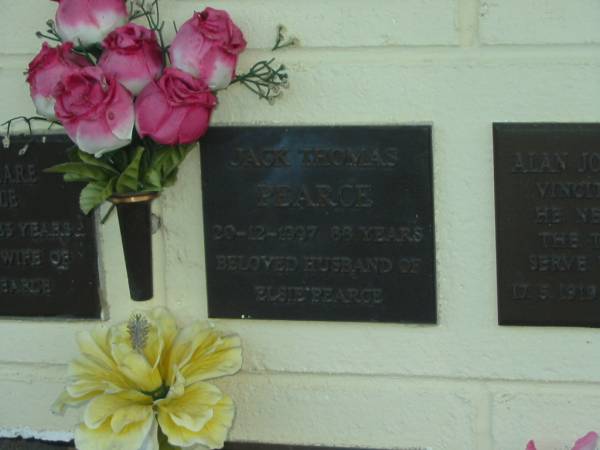 Jack Thomas PEARCE,  | died 20-12-1997 aged 88 years,  | husband of Elsie PEARCE;  | Polson Cemetery, Hervey Bay  | 