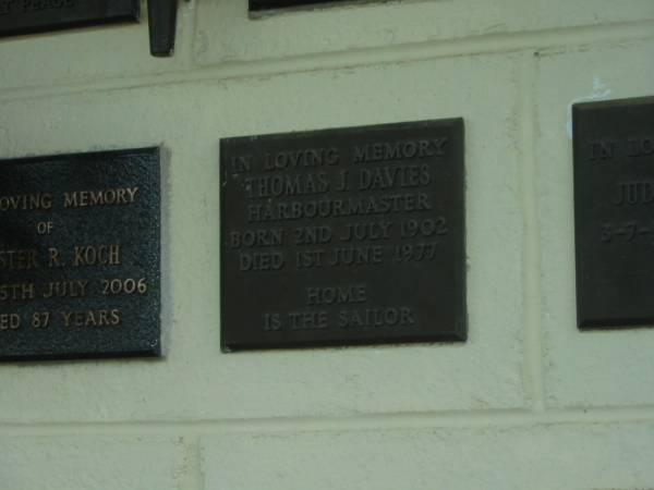 Thomas J. DAVIES,  | harbourmaster,  | born 2 July 1902,  | died 1 June 1977;  | Polson Cemetery, Hervey Bay  | 