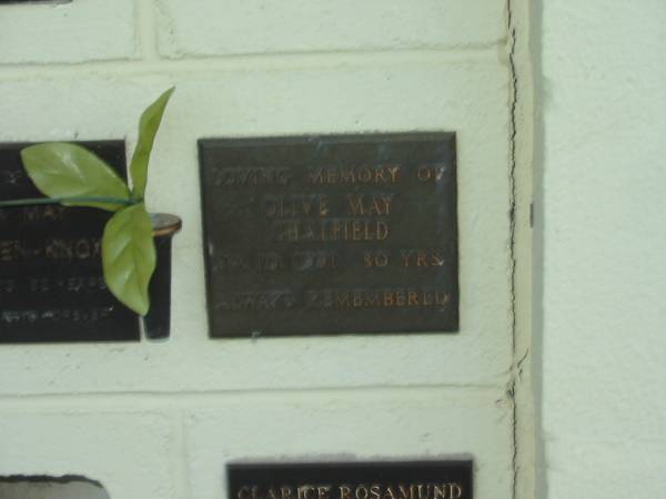 Olive May CHATFIELD,  | died 14-10-1991 aged 80 years;  | Polson Cemetery, Hervey Bay  | 