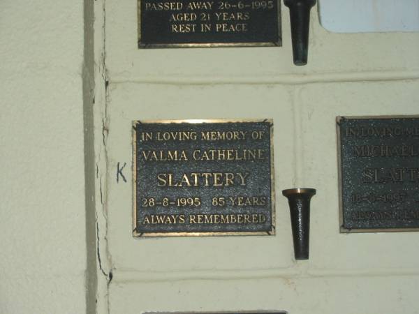 Valma Catheline SLATTERY,  | died 28-8-1995 aged 85 years;  | Polson Cemetery, Hervey Bay  | 