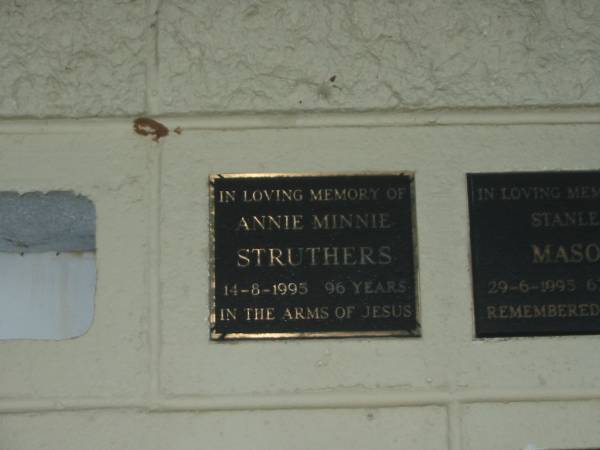 Annie Minnie STRUTHERS,  | died 14-8-1995 aged 96 years;  | Polson Cemetery, Hervey Bay  | 