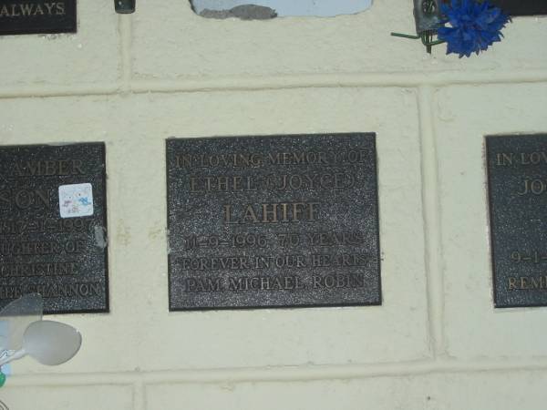 Ethel (Joyce) LAHIFF,  | died 11-9-1996 aged 70 years,  | remembered by Pam, Michael & Robin;  | Polson Cemetery, Hervey Bay  | 