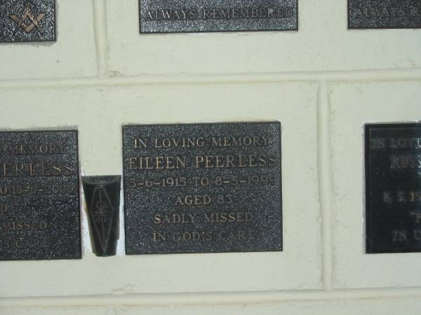 Eileen PEERLESS,  | 5-6-1915 - 8-5-1999 aged 83 years;  | Polson Cemetery, Hervey Bay  | 