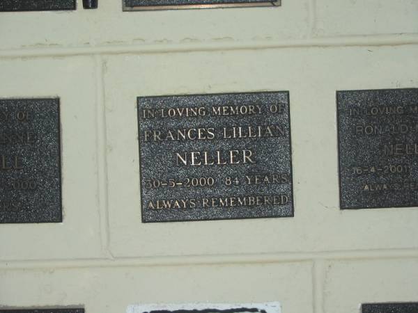Frances Lillian NELLER,  | died 30-5-2000 aged 84 years;  | Polson Cemetery, Hervey Bay  | 
