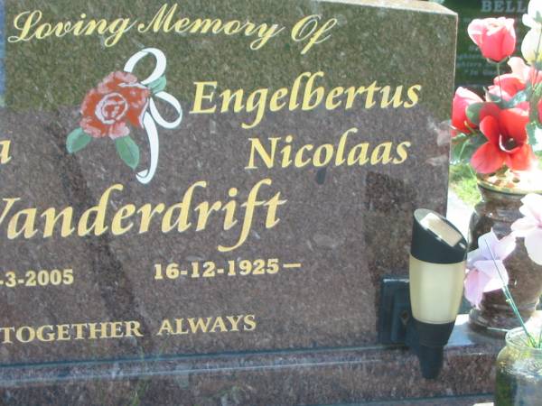 Clasina VANDERDRIFT,  | 5-4-1927 - 29-3-2005;  | Engelbertus Nicolaas VANDERDRIFT,  | 16-12-1925 - [not dead?];  | Polson Cemetery, Hervey Bay  | 