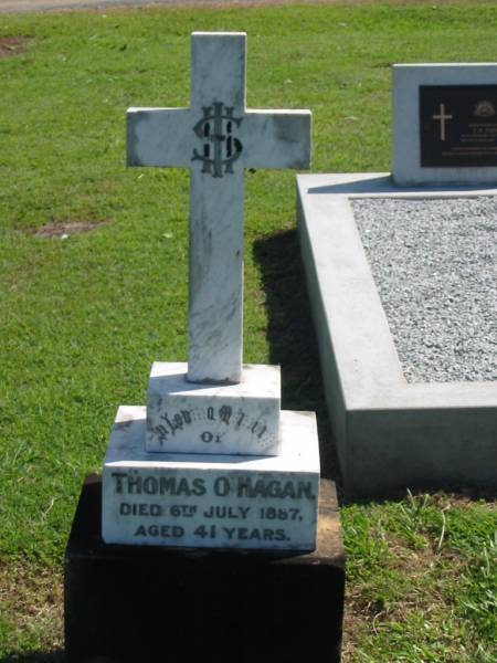 Thomas O'HAGAN,  | died 6 July 1887 aged 41 years;  | Polson Cemetery, Hervey Bay  | 
