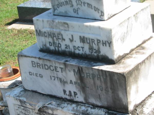 Michael J. MURPHY,  | died 21 Oct 1929;  | Bridget MURPHY,  | died 17 April 1947;  | Polson Cemetery, Hervey Bay  | 