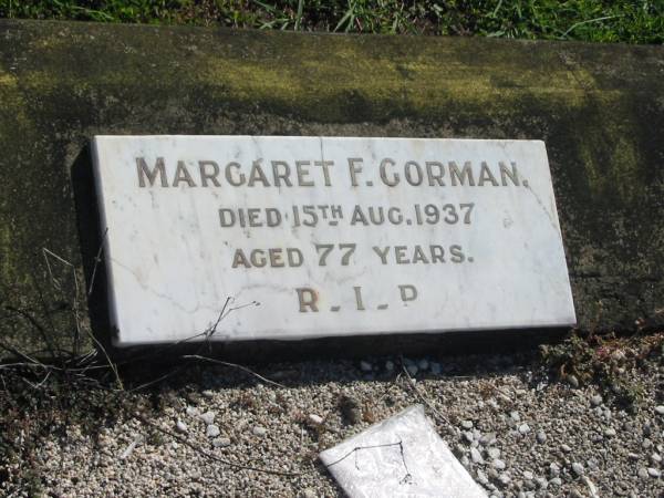Margaret F. GORMAN,  | died 15 Aug 1937 aged 77 years;  | Polson Cemetery, Hervey Bay  | 