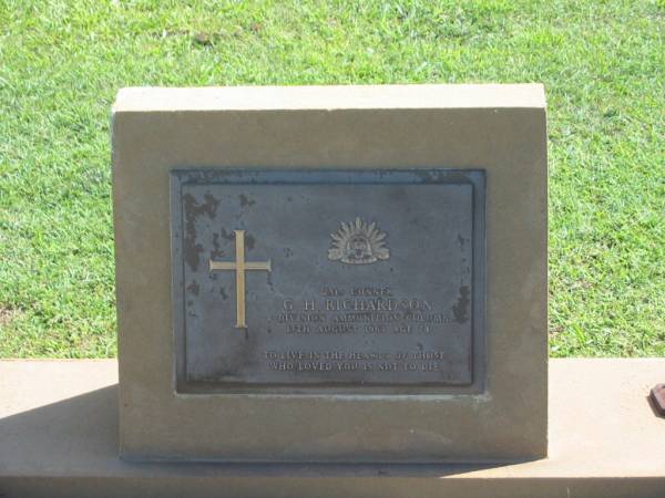 G.H. RICHARDSON,  | died 17 Aug 1967 aged 74 years;  | Polson Cemetery, Hervey Bay  | 