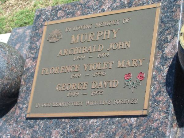 Archibald John MURPHY,  | 1899 - 1984;  | Florence Violet Mary MURPHY,  | 1919 - 1996;  | George David MURPHY,  | 1949 - 1955;  | Polson Cemetery, Hervey Bay  | 