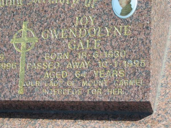 Kenneth George GALE,  | born 30-10-1929,  | died 3-9-1996 aged 66 years;  | Joy Gwendolyne GALE,  | born 18-6-1930,  | died 10-1-1995 aged 64 years;  | Polson Cemetery, Hervey Bay  | 