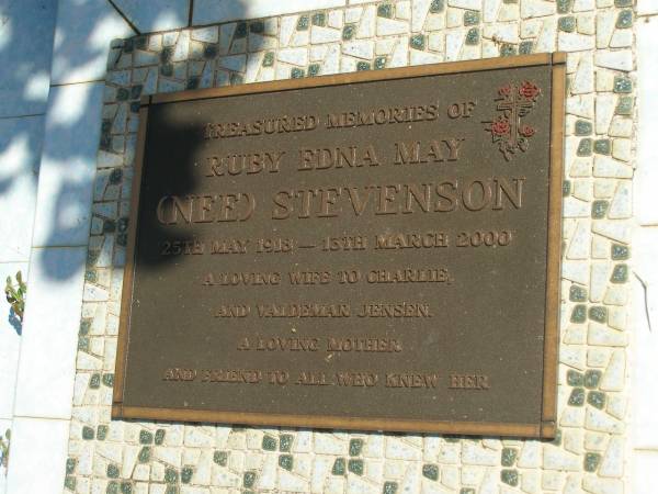 Charles Hermann MATHISON,  | died 13 Sept 1969;  | Ruby Edna May (nee) STEVENSON,  | 25 May 1918 - 13 March 2000,  | wife of Charlie & Valdemar JENSEN,  | mother;  | Polson Cemetery, Hervey Bay  | 