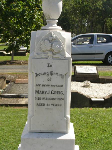 Mary J. GREIG,  | died 1 Aug 1924 aged 81 years;  | Polson Cemetery, Hervey Bay  | 