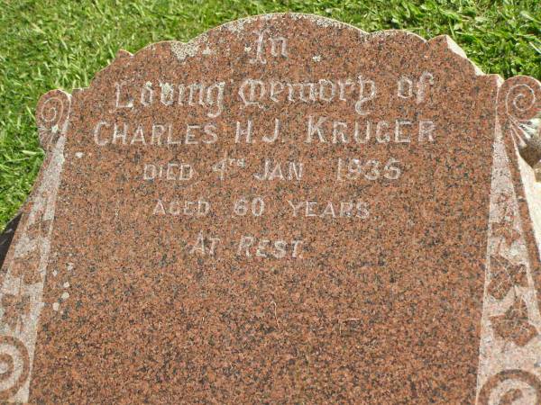 Charles H.J. KRUGER,  | died 4 Jan 1935 aged 60 years;  | Polson Cemetery, Hervey Bay  | 
