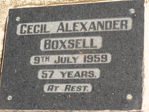 Cecil Alexander BOXSELL,  | died 9 July 1959 aged 57 years;  | Polson Cemetery, Hervey Bay  | 