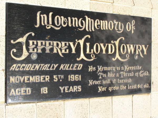 Jeffrey Lloyd LOWRY,  | accidentally killed 5 Nov 1961 aged 18 years;  | Polson Cemetery, Hervey Bay  | 