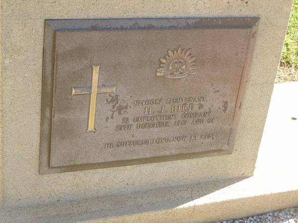H.J. BIRD,  | died 29 Dec 1961 aged 64 years;  | Polson Cemetery, Hervey Bay  | 