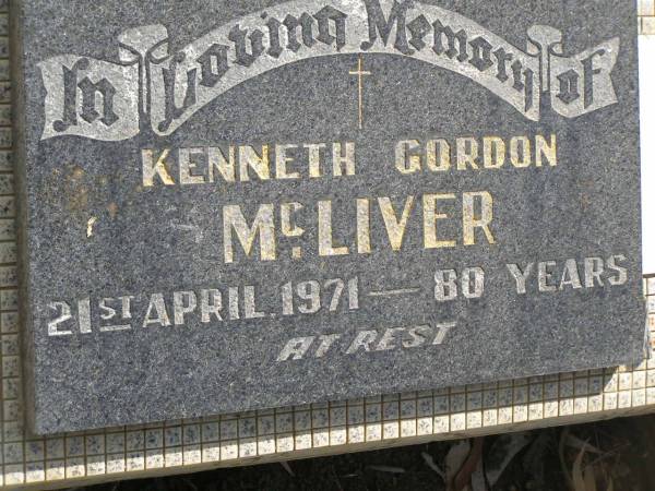 Kenneth Gordon MCLIVER,  | died 21 April 1971 aged 80 years;  | Polson Cemetery, Hervey Bay  | 