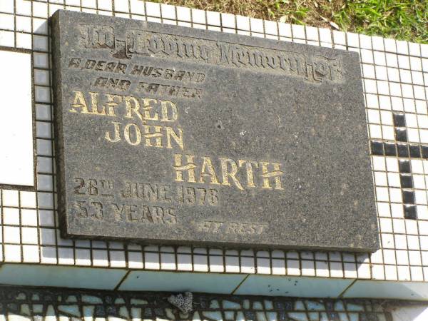 Alfred John HARTH,  | husband father,  | died 28 June 1978 aged 53 years;  | Polson Cemetery, Hervey Bay  | 