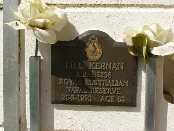 J.R.L. KEENAN,  | died 26-3-1993 aged 65 years;  | Polson Cemetery, Hervey Bay  | 